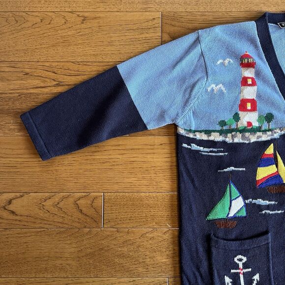 Vintage L Cardigan Sweater Lighthouse Sailing Sailboat Coastal Maritime Seaside - Picture 5 of 8
